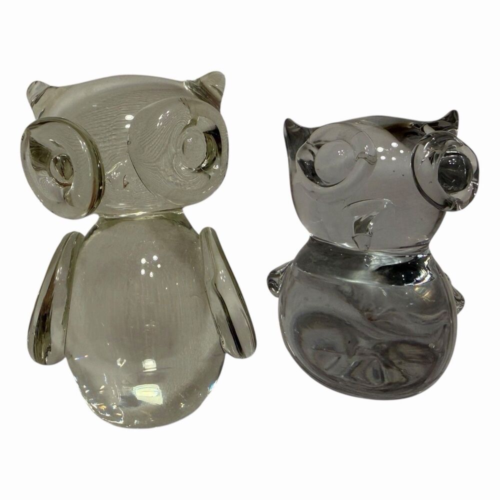 Owl Figurines Paperweight Lead Crystal Vintage Clear Glass Collectible Set